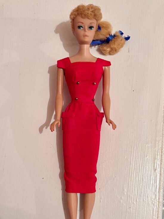 Vintage Barbie red and white fancy dress for sale Vintage #6 Ponytail Barbie wearing \